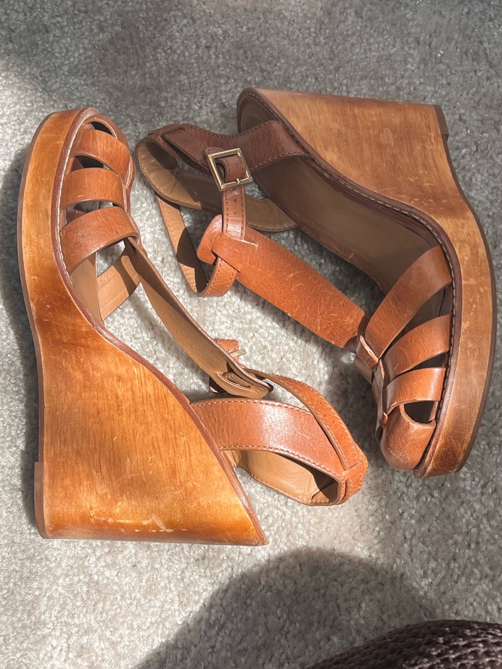 Tory Burch Brown Cognac Leather Wedge Sandals Wooden Heel Strappy Ankle Strap 9 - Picture 6 of 11